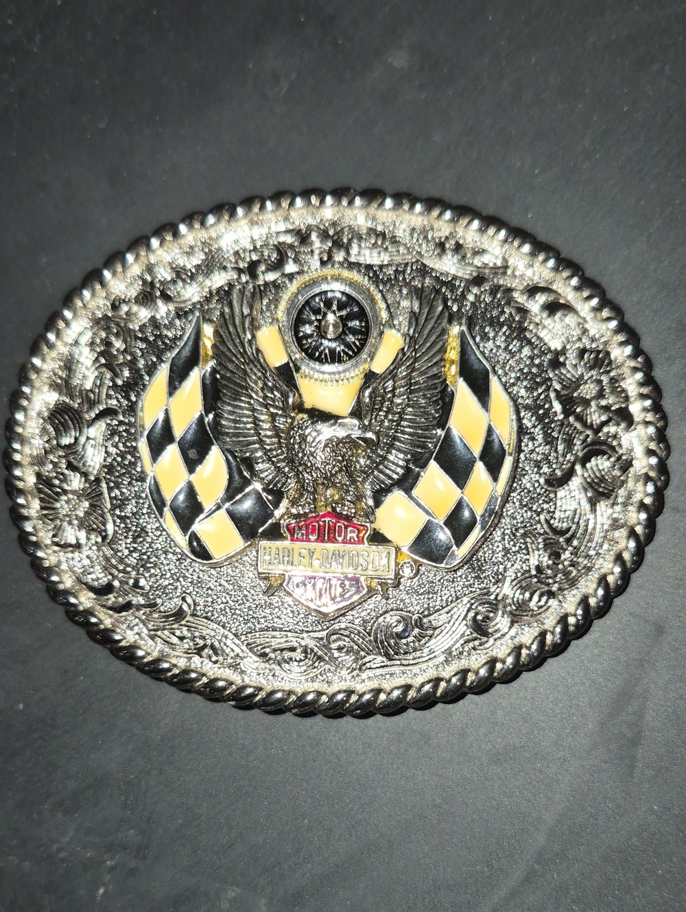 Harley-Davidson Silver Belt Buckle with Black & Yellow Accents
